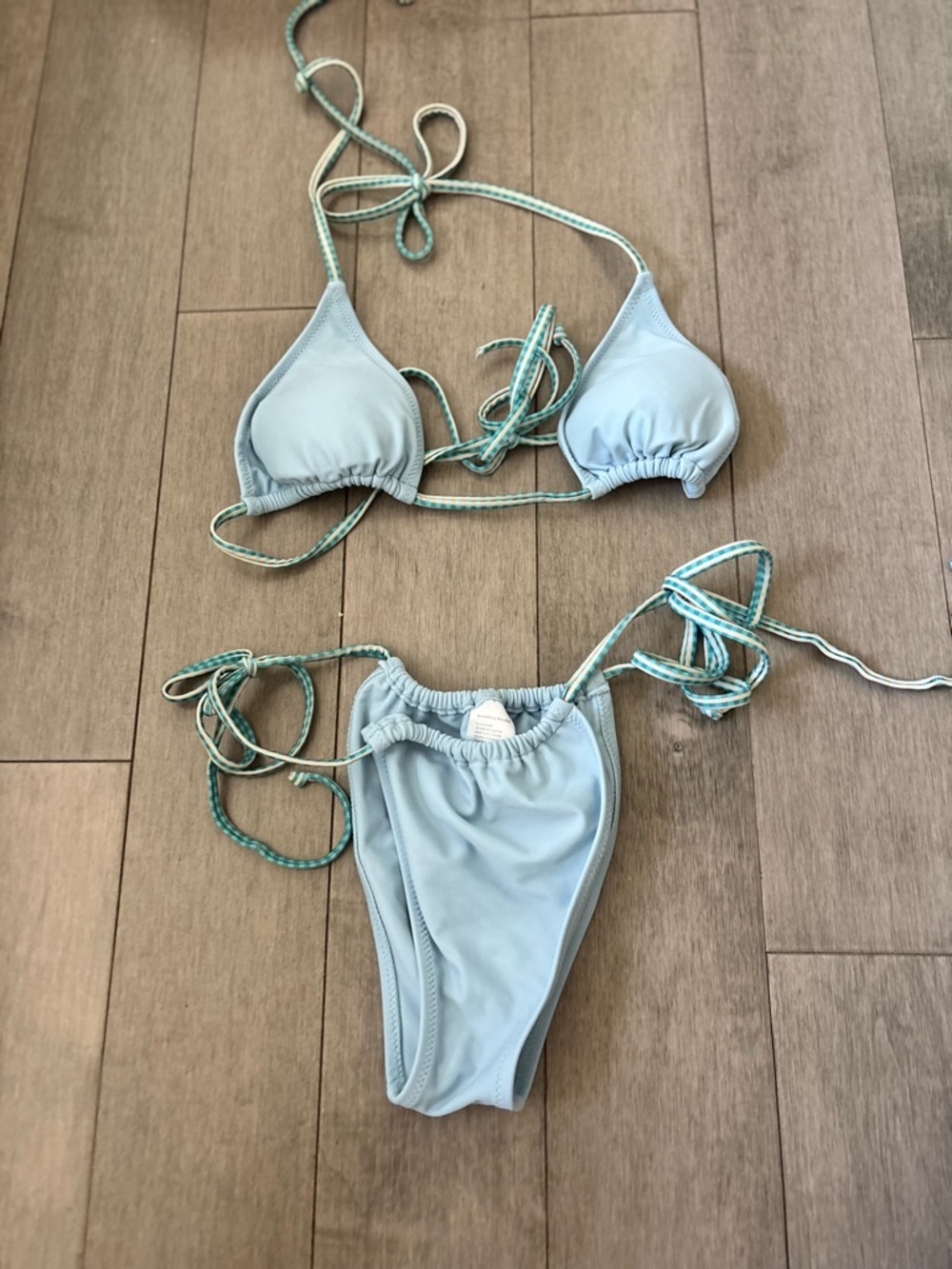 Strawberry Milk Mob Light Blue Triangle String Bikini with Green-Trim Ties